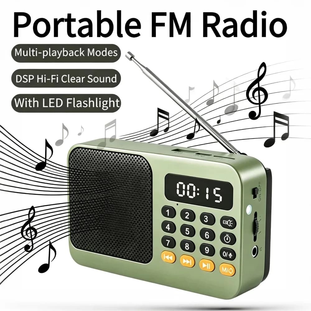 Portable FM Radio Digital Music Player TF USB Playback DSP HiFi Sound With LED Flashlight Support Headphone Jack for Outdoor