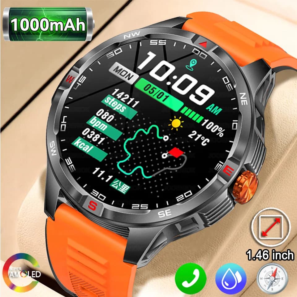 1000mAh Large Size Battery Sports Smart Men Android IOS Headphone Bluetooth call 1.46 Inch Cardiac Frequency 3ATM Smartwatch Waterproof