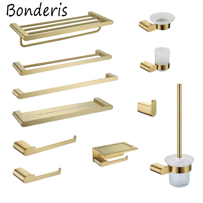 Accessori per il bagno in oro spazzolato Set di hardware Porta asciugamani in acciaio inossidabile 304 Gancio per barra Portarotolo per carta igienica Porta sapone per tazze