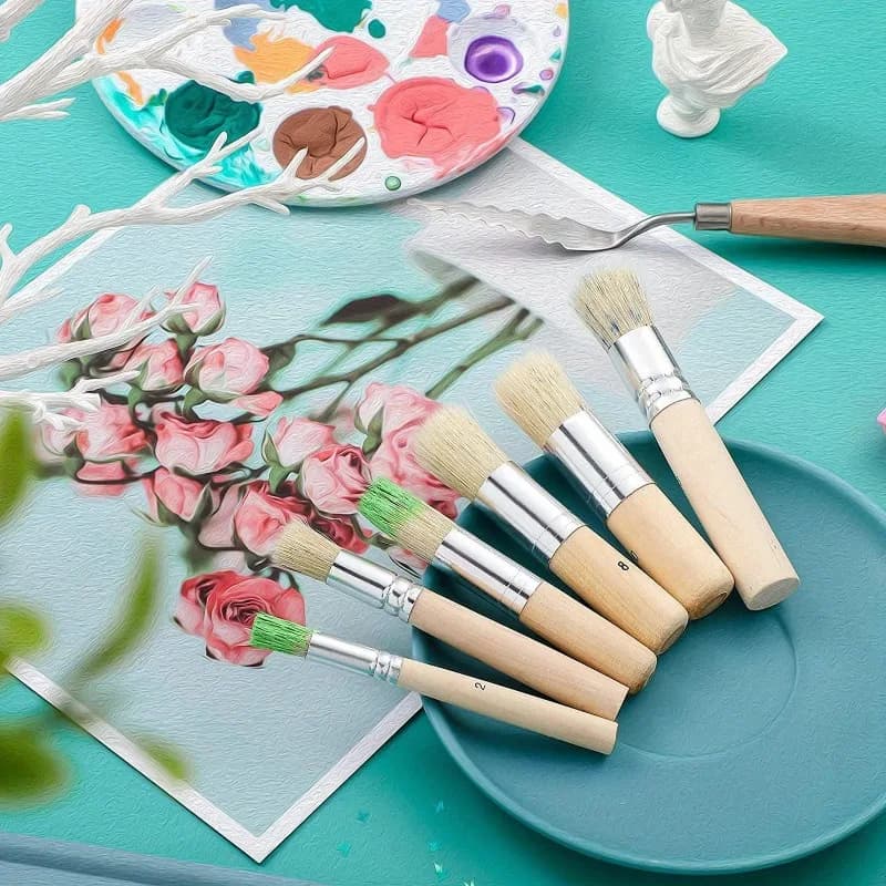 6pcs/set Wooden Stencil Brush Pure Natural DIY Art Crafts Paint Brush for Acrylic Wood Oil Watercolor Painting Stencil Project