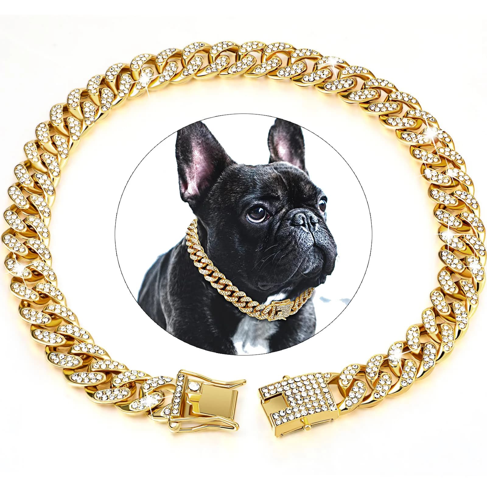 Collare cubano con diamanti a catena per cani Collare a catena in metallo da passeggio con design con fibbia sicura, accessori per gioielli con collare cubano per gatti domestici