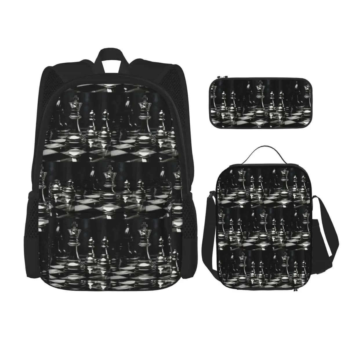 Black King Chess The-chessboard Backpacks Boys Girls Bookbag School Bags Rucksack Lunch Bag Pen Bag Three-Piece Set
