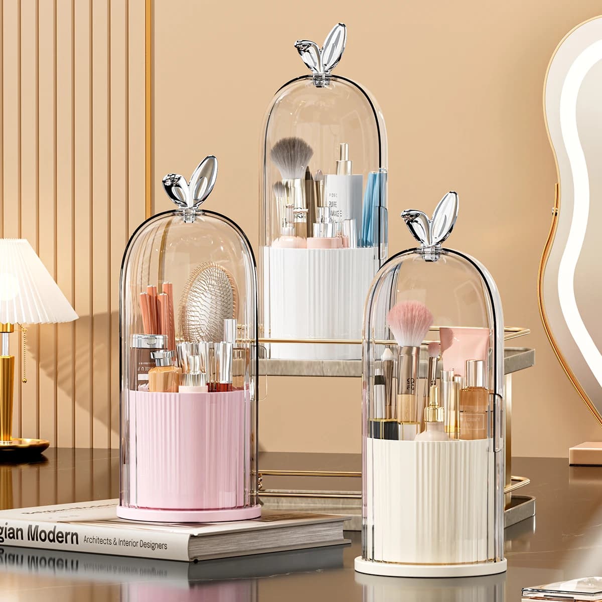 Organizer per cosmetici antipolvere e impermeabile 360 ° Porta pennelli da trucco girevole con coperchio trasparente per rossetto, ombretto, matita per sopracciglia