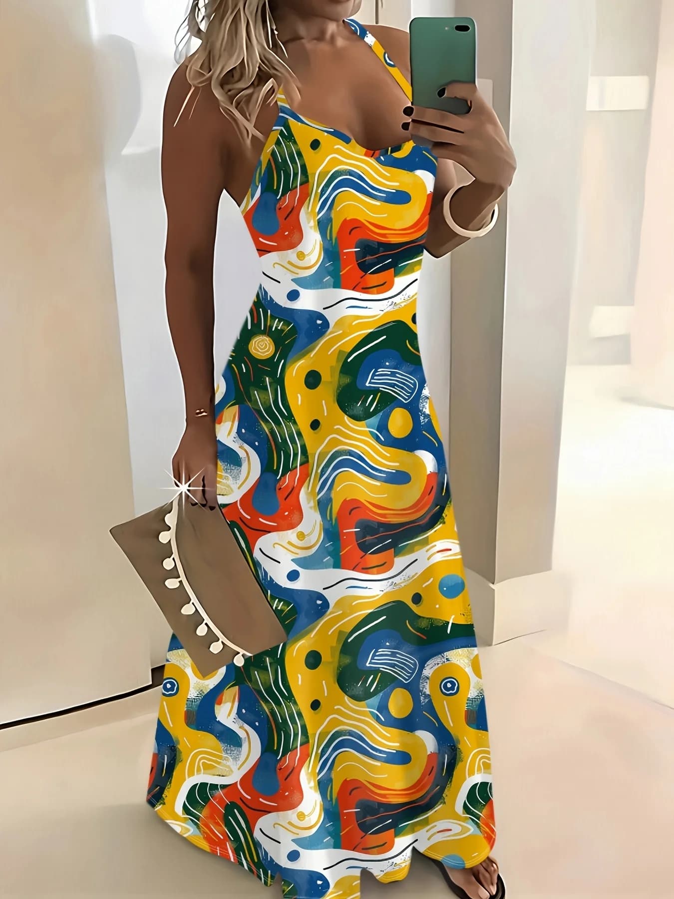 Printed Design Multicolor Yellow Blue Green Red White Abstract Wave Print Spaghetti Strap Maxi Dress