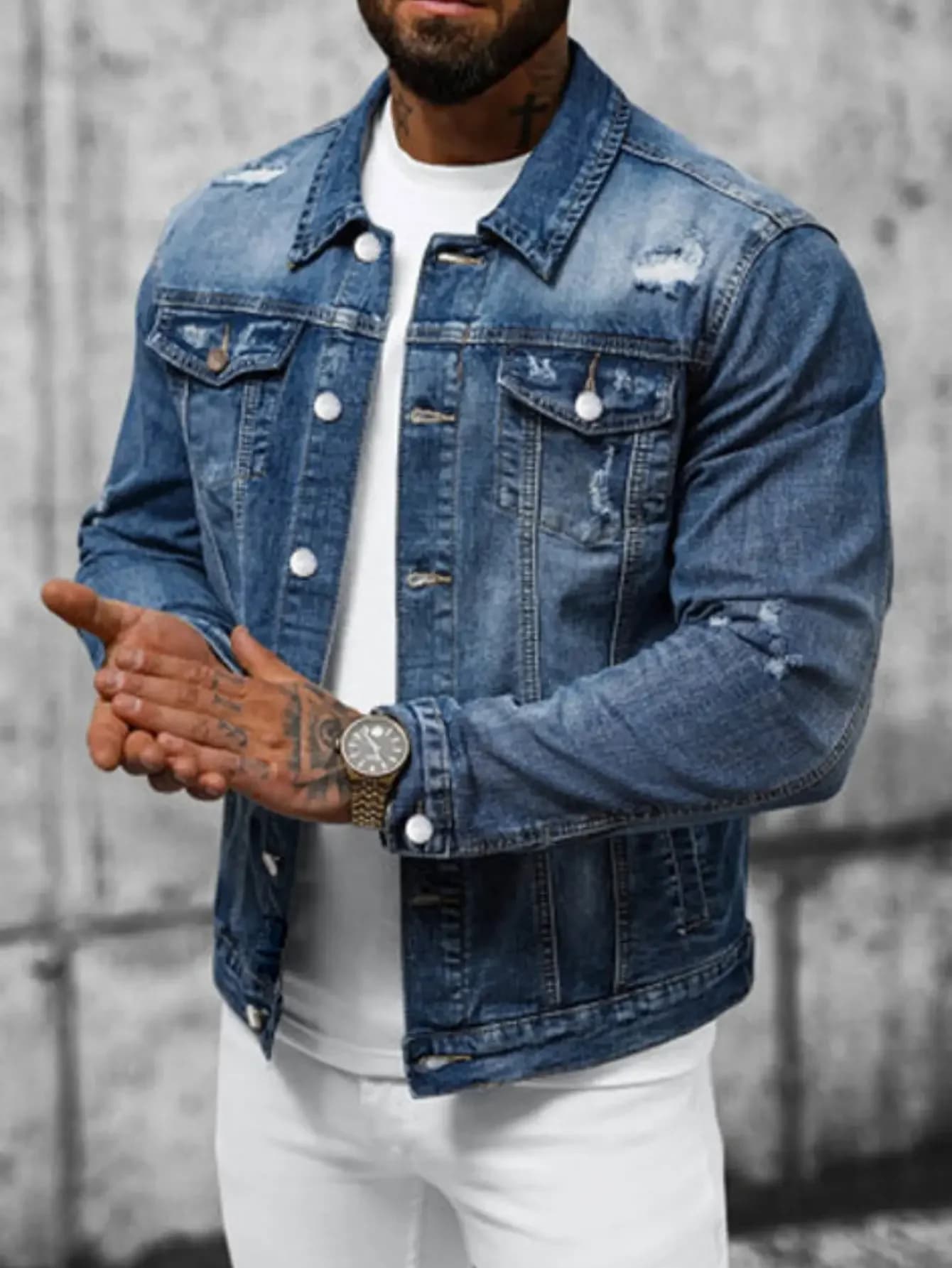 Giacca di Jeans Slim Strappata e Distressed da Uomo, Stile Streetwear, Casual, a Maniche Lunghe