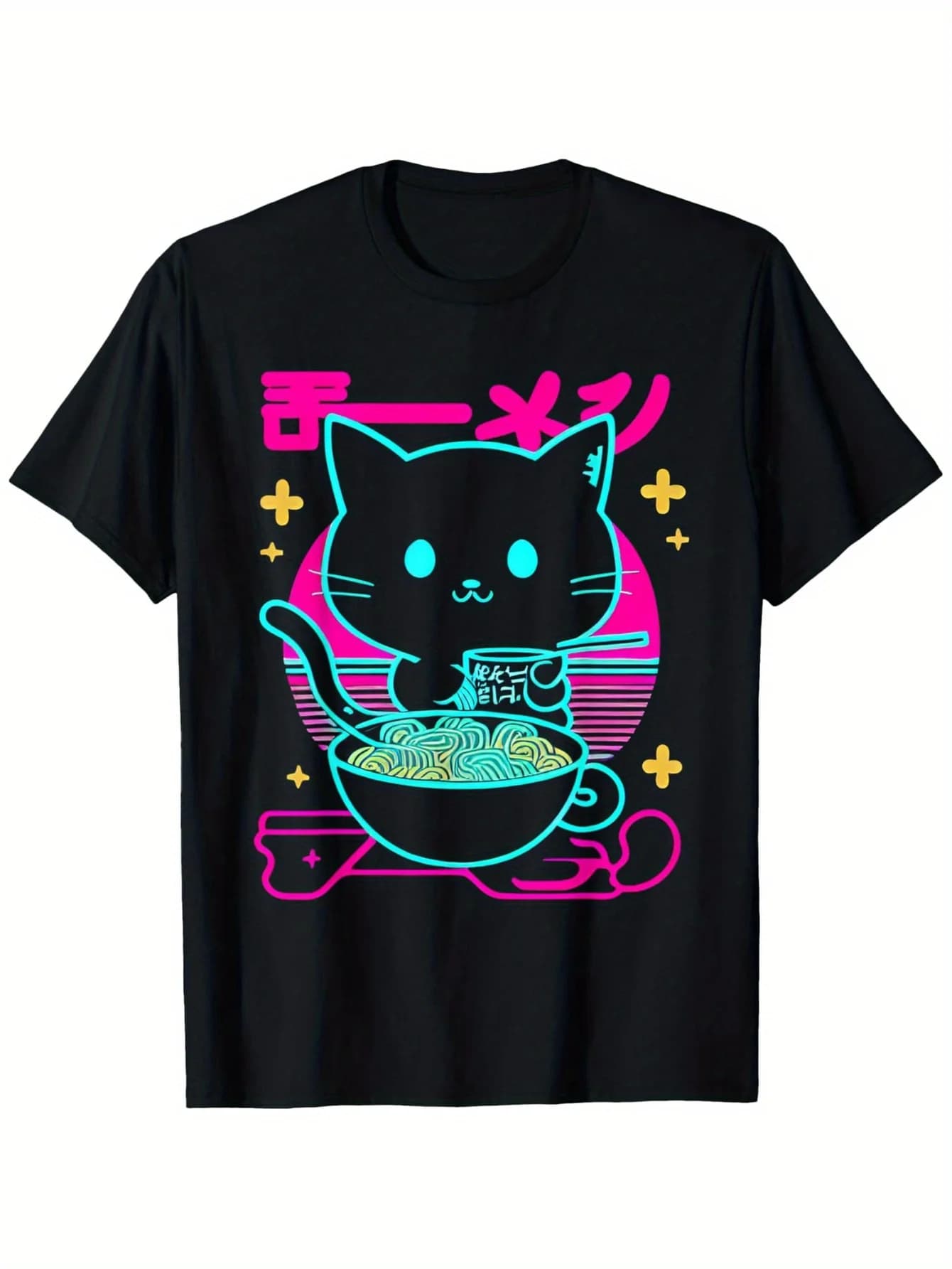 Prodotti a onde sintetiche anni '80 Simpatico gatto anime mangia Ramen T-shirt in tessuto per vacanze casual da uomo e da donna