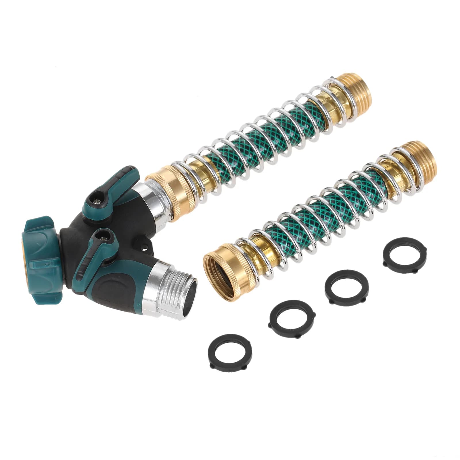 Kit Sdoppiatore per Tubo da Giardino a 2 Vie 3/4" con Connettore a Y + 2 Protezioni a Molla per Rubinetto + 4 Guarnizioni in Gomma per Tubi
