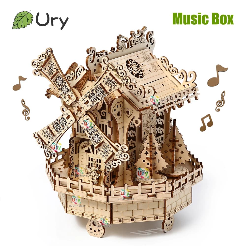 Puzzle 3D in Legno Ury, Casetta degli Elfi con Mulino a Vento Rotante, Kit Modello Musicale a Ottava, Giocattolo Fai-da-Te per Bambini e Adulti