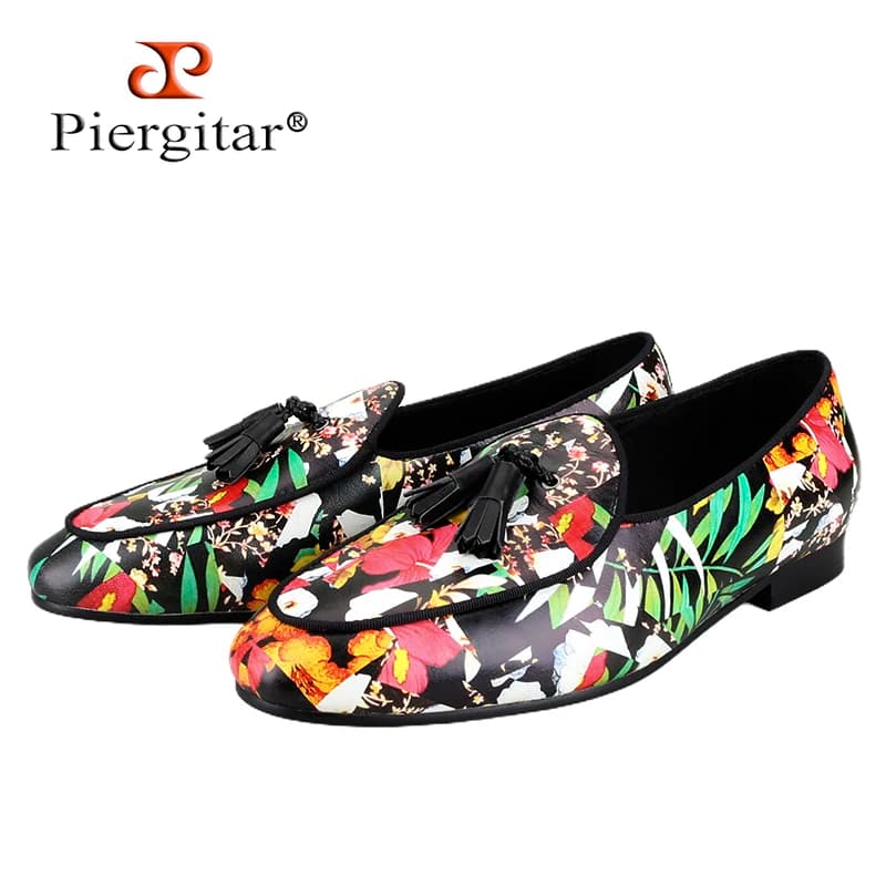Piergitar Tropical Rainforest Printed Calfskin Men's Loafers With Handmade Leather Fringes Slip-On Slippers For Pary And Prom