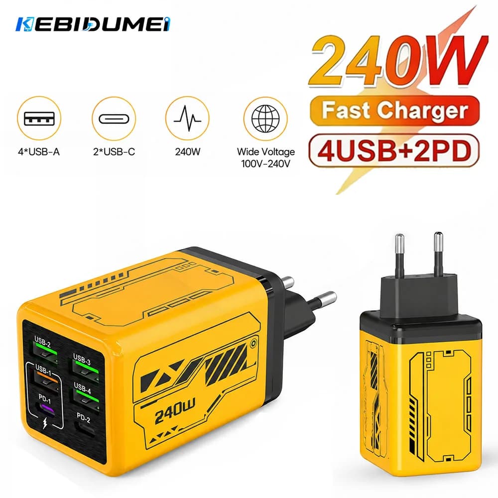 KEBIDUMEI 240W Type C Charger PD Fast Charging 6 Ports 4USB+2Type C Phone Power Adapter For EU/US Plug Quick Charge Wall Charger