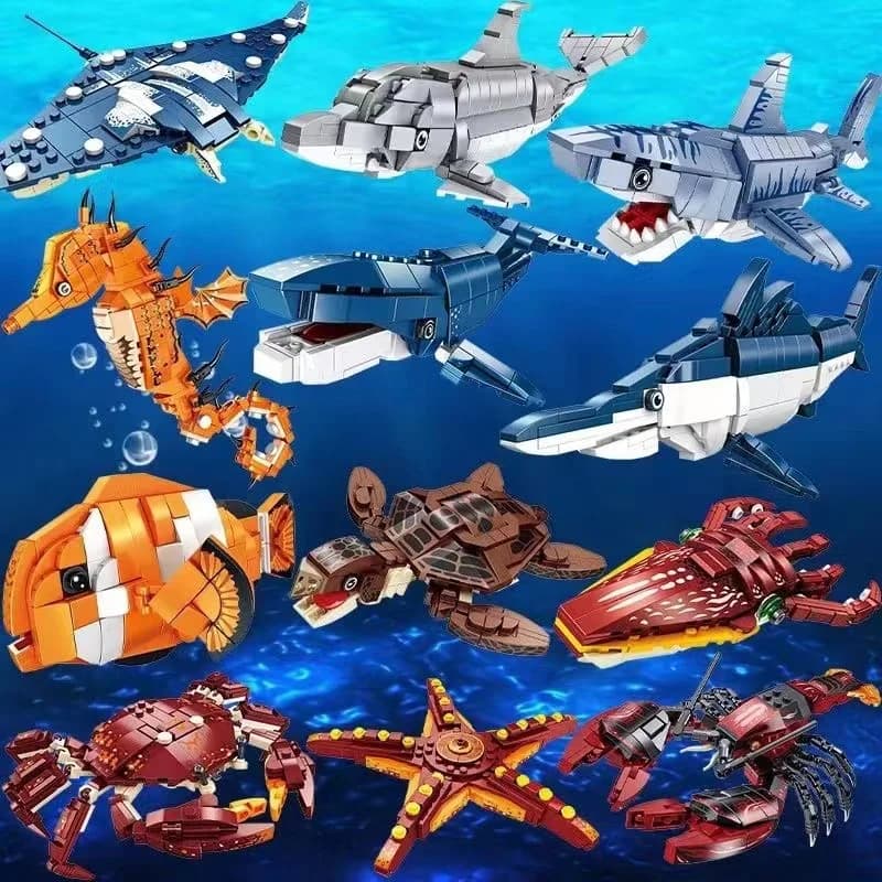 Fai da te animali dell'oceano robot deformazione blocco di costruzione assemblaggio creativo granchio squalo aragosta giocattoli per bambini adulti regalo piccole particelle