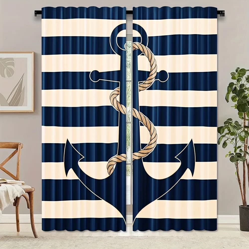 Navy Beige Stripe Anchor Curtain 2 Panels Nautical Rope Striped Marine Element Master Bedroom Curtain Coastal Sea Home Decor
