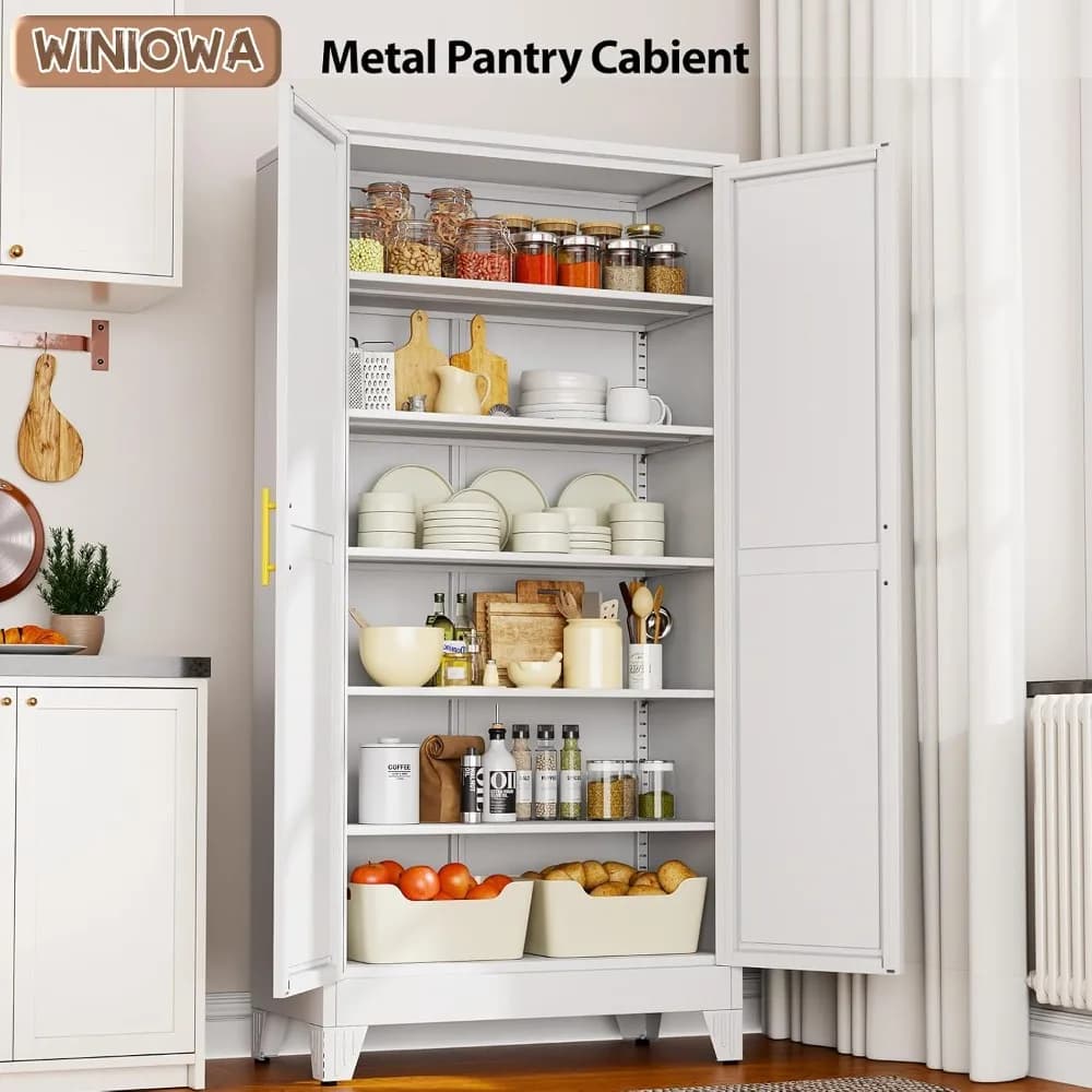 75.2" Tall Metal Kitchen Pantry Cabinet,2 Doors&5 Adjustable Shelves&Gold Handles,Storage Organizer, Custom