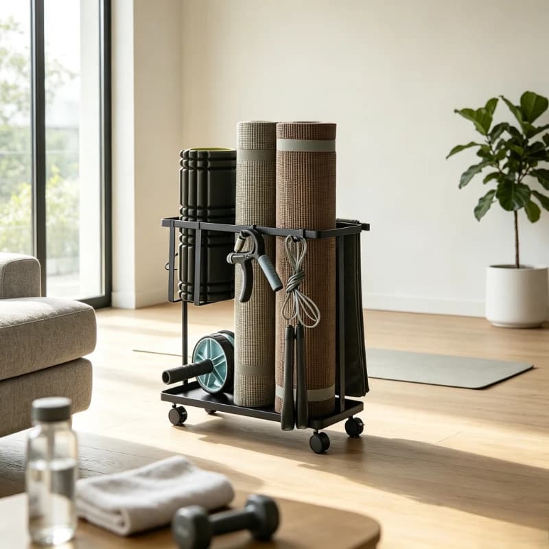 Gym Equipment Storage Rack, Large Capacity Yoga Mat Display Stand, Mobile Rolling Organizer Cart for Home Fitness Studio