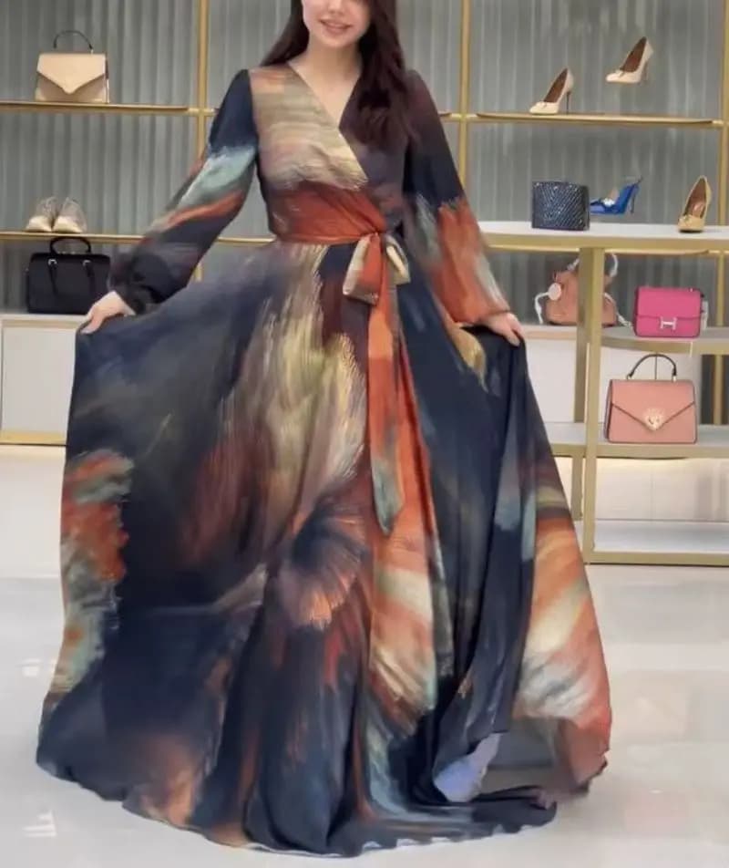 2025 Autunno E Inverno Nuove Donne di Modo Temperamento Medio Oriente Stampa Sexy Grande Pendolo Con Scollo A V Abito a maniche lunghe