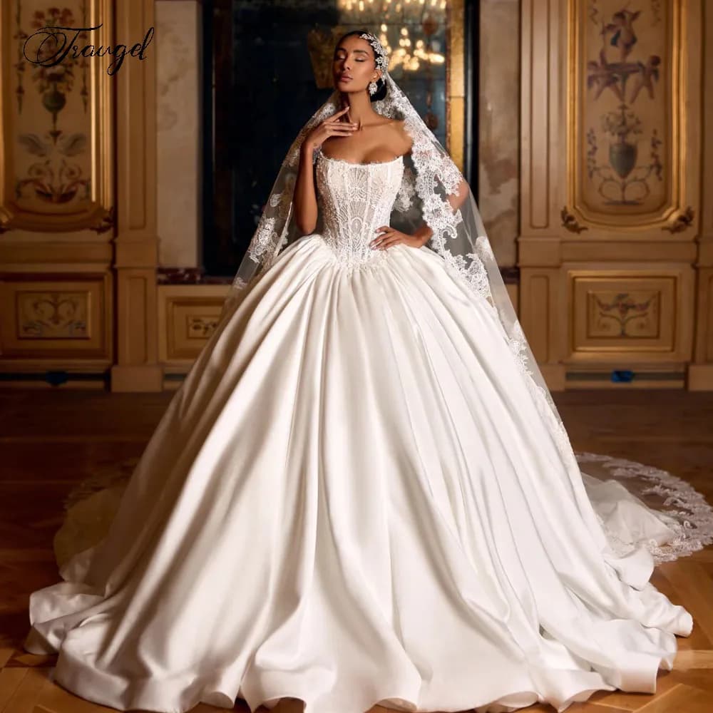 Abiti da Sposa Eleganti Personalizzati Stile A-Line Senza Spalline Senza Maniche Vestido De Novia con Ricami in Pizzo Classico Chic Robe De Mariee