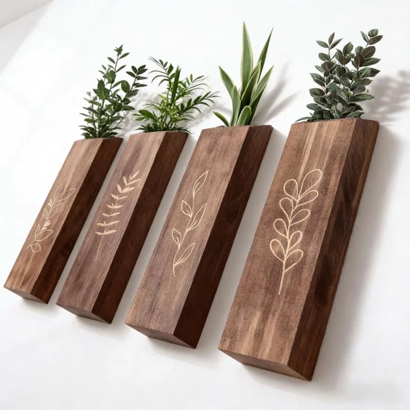 Set of 4 Wood Walls Style Farm for Living Room and Bedroom, Tasting Vase for Artificial Buckle and Plants, Decoration