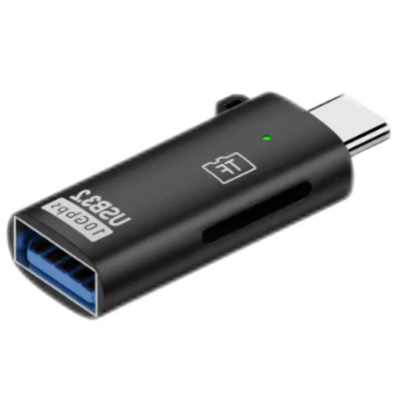 Type‑C Male 2‑in‑1 Adapter, USB‑A Female + TF Card Reader, USB3.2 10Gbps OTG Converter With LED Indicator