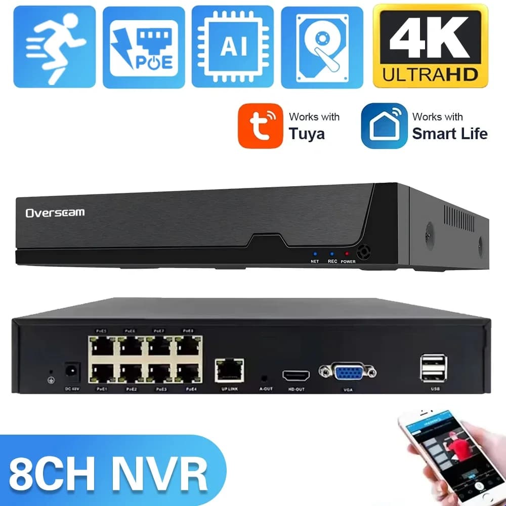 Overscam TUYA SMART LIFE 4K 8MP 8CH POE NVR Sistema di sicurezza CCTV Rilevazione umana Telecamere di sorveglianza di rete Videoregistratore NVR