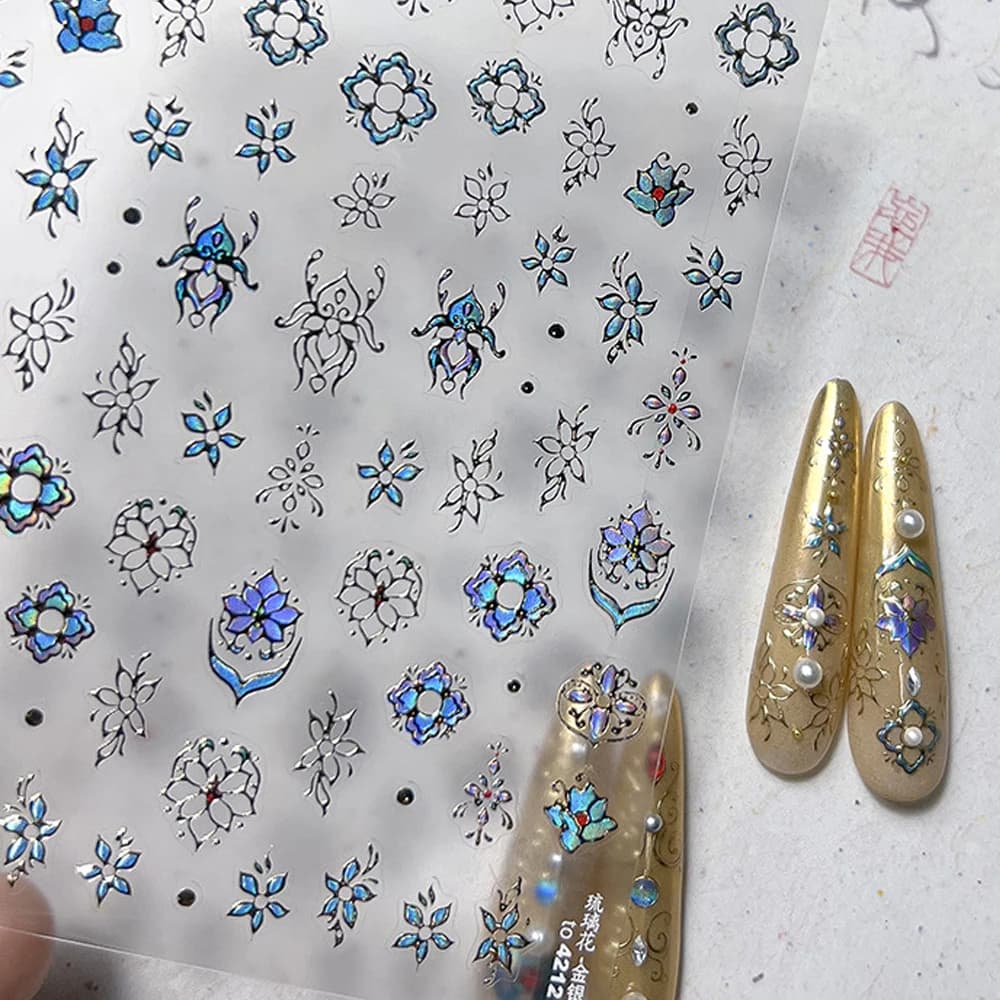 Adesivo per nail art 5D in oro vintage cinese, motivi geometrici floreali di lusso, decalcomanie adesive per manicure ispirate alla dinastia imperiale