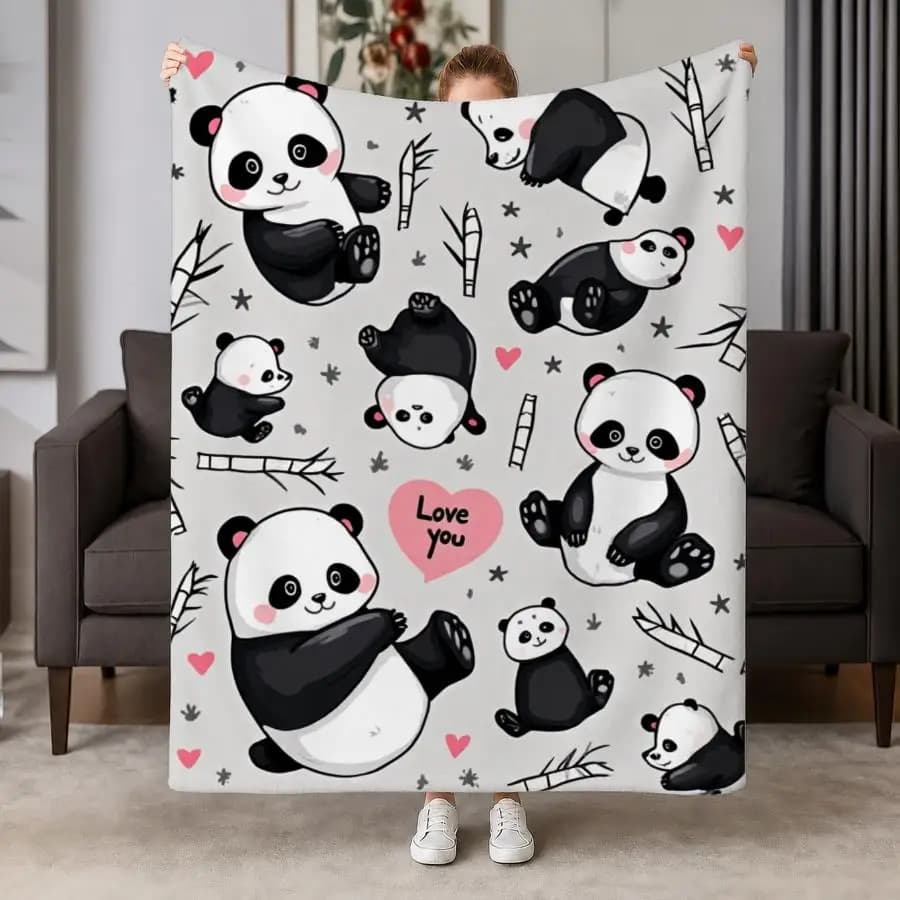 Cozy Panda And Bamboo Flannel Throw Blanket - Soft, Warm Doodle Design with Hearts And Stars Ideal for Couch, Bed, Office & Travel Perfect Gift for Friends And Family Machine Washable Weighted Blanket 280GS