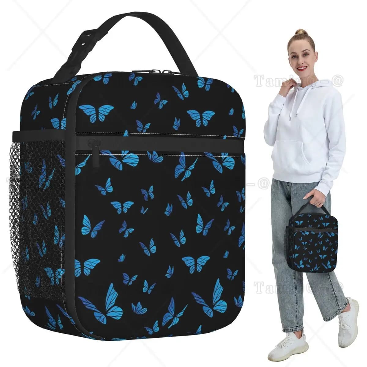 Blue Butterfly Pattern Insulated Lunch Bag for Kids School Cooler Thermal Food Box Tote Portable Lunch Boxes Container