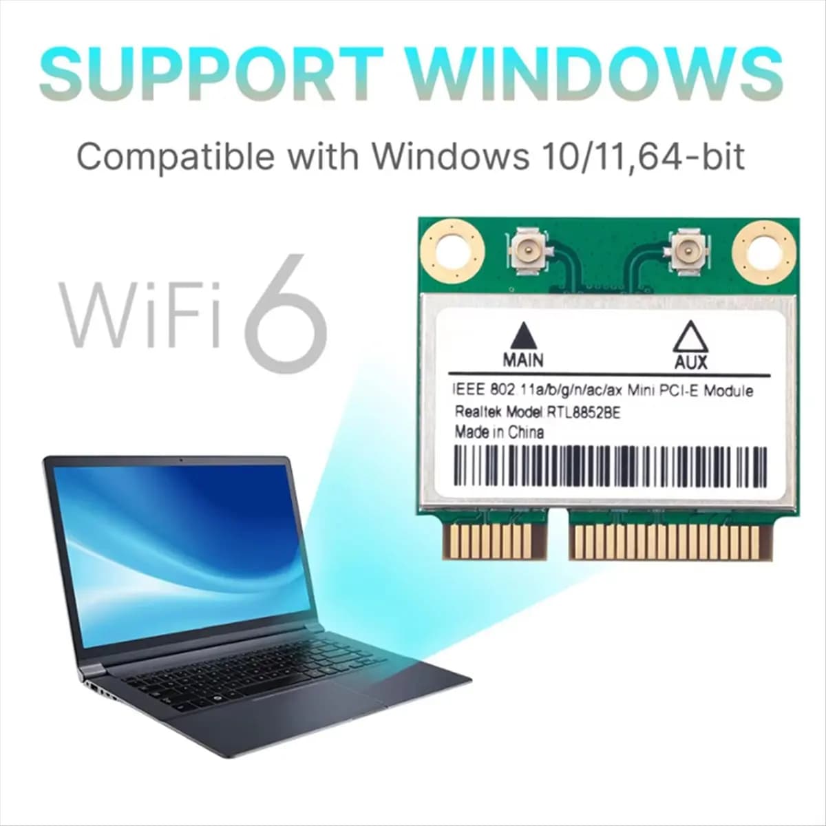 Scheda di rete WiFi 6 stabile RTL8852BE con antenne 10DBI Interfaccia MiniPCIe dual band 1800Mbps 2.4G/5GHz BT 5.2 per Win 10 11