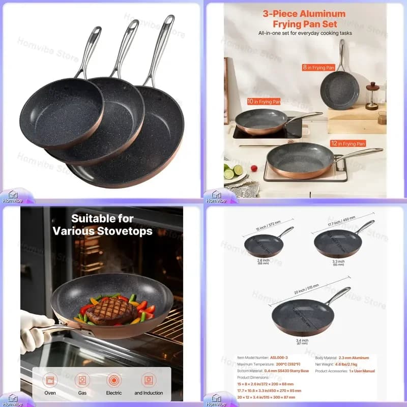8 10 12 inch Gray Aluminum Frying Pan Set Non Stick Ceramic Coated Heavy Duty Cookware Heat Resistant Handle Kitchen Fry Pan