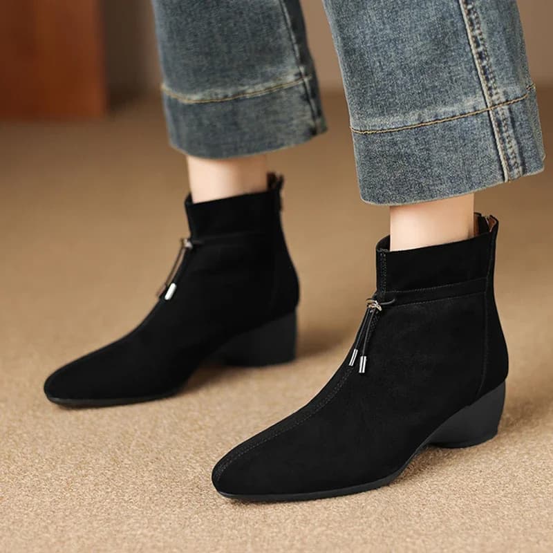 2026 new autumn winter women ankle boots natural leather 22-25cm kid suede pointed toe back zip lace-up short boots fashion