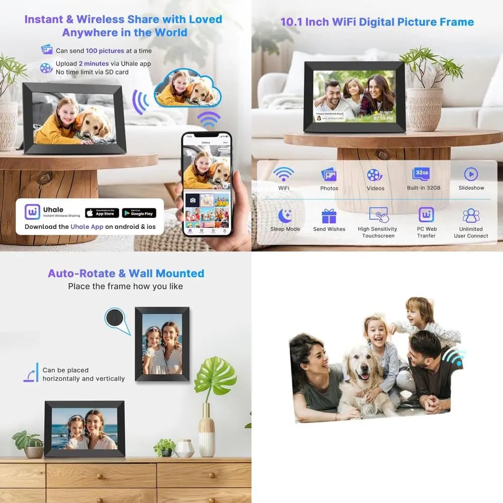 Cornice per foto digitale WiFi 10.1, 32 GB, touchscreen, rotazione automatica, condivisione remota, supporto scheda SD da 128 GB