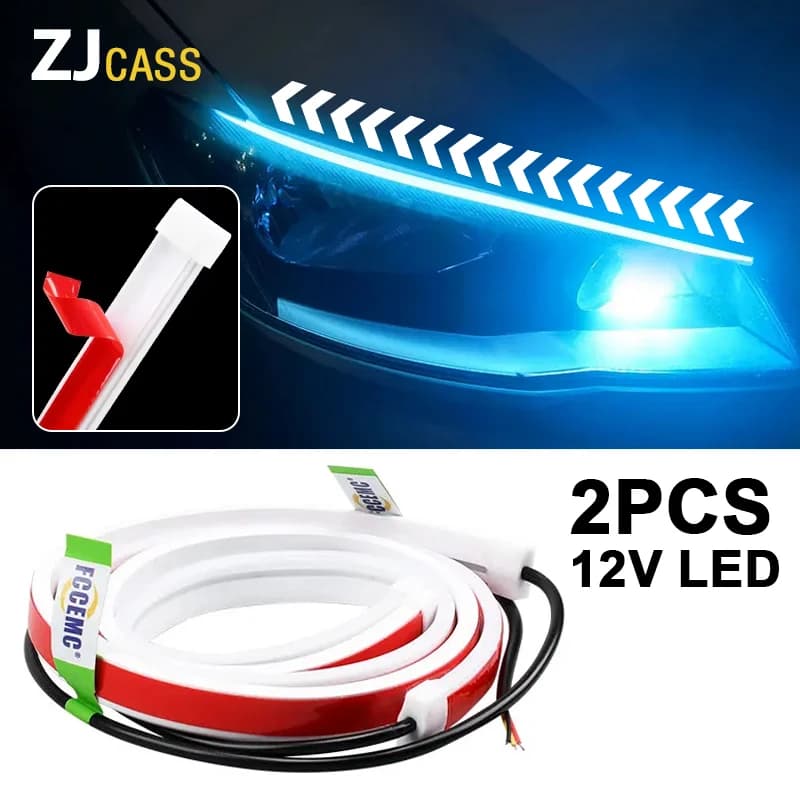 12V 2Pcs LED DRL Automotive Daytime Running Light Luce di svolta di scansione flessibile con sequenza di avvio Striscia di fari universale Impermeabile sottile barra luminosa nascosta