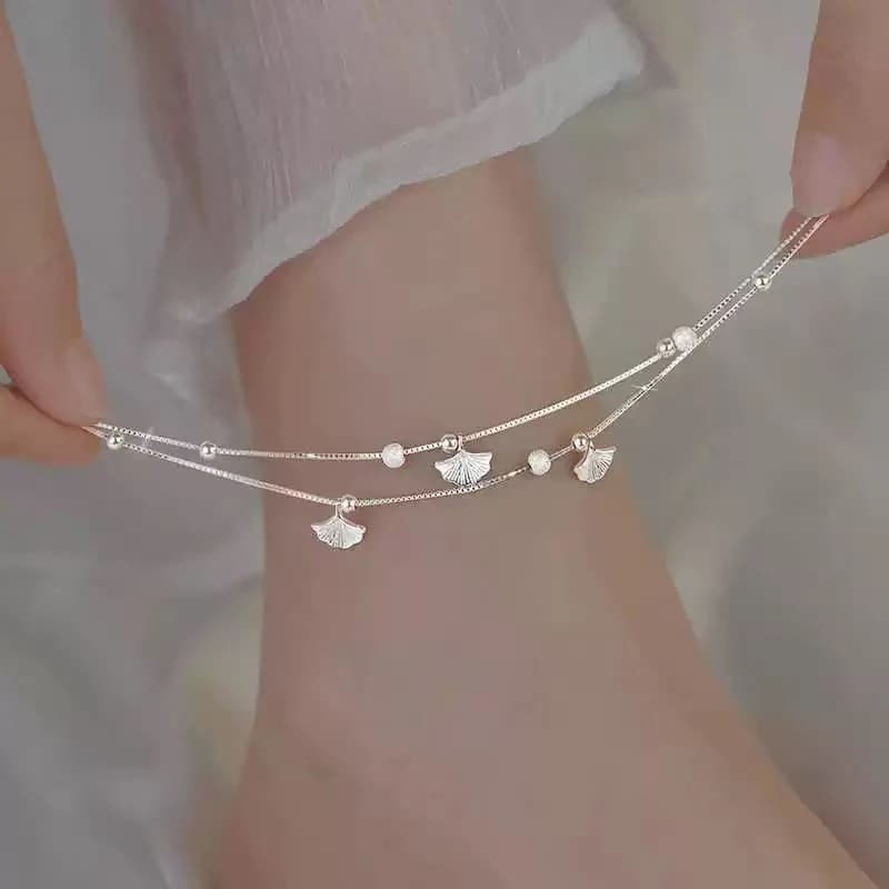 Caviglia con ciondolo a doppio strato con foglia di ginkgo placcata in argento per donna Gioielli di moda classici Accessori avanzati di lusso leggeri