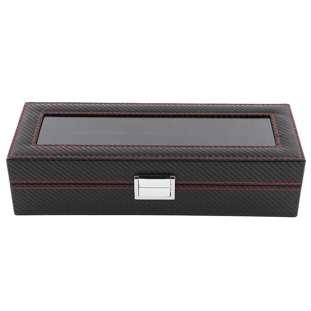 Anti-dust Carbon Fiber Watches Box with 6 Parts, Transparent Window, Red Line, Luxury Case for Watches Collection