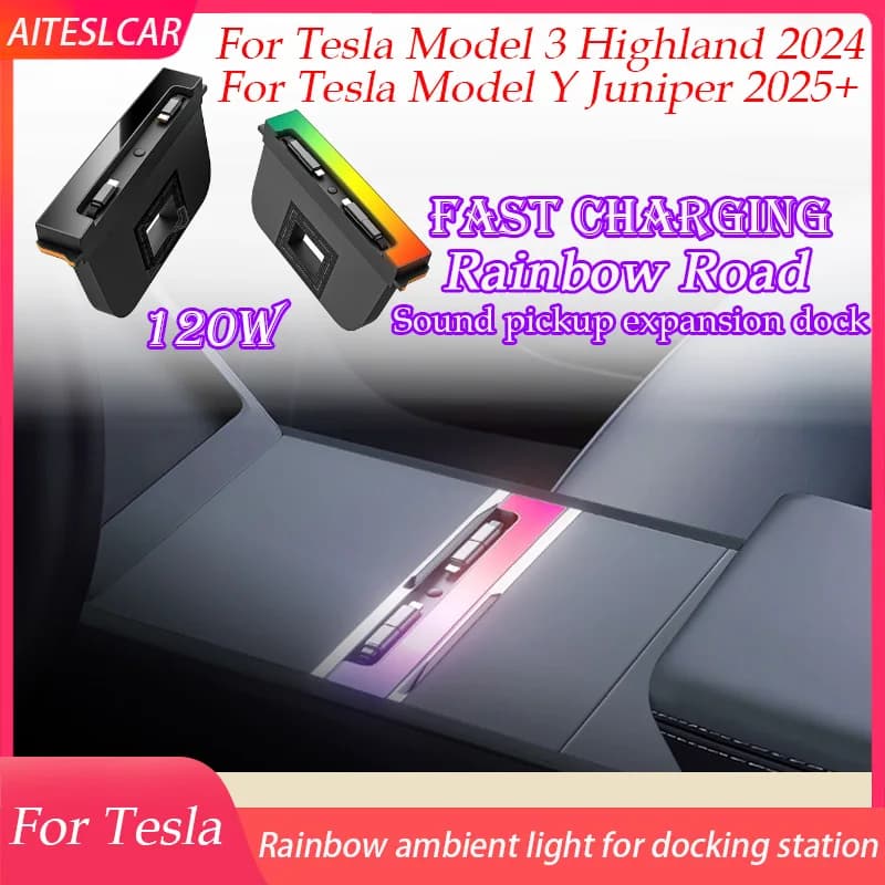 Hub USB per Ricarica Rapida con Luce Arcobaleno per Tesla Model Y Juniper, Stazione di Ricarica per Model 3 Highland con Illuminazione Ambientale Retrattile