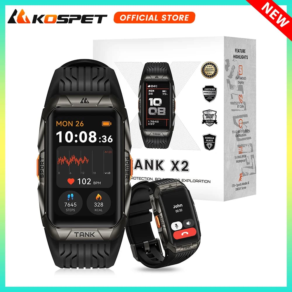 KOSPET TANK X2 Watchtower For Men IP69K Waterproof 3D Curved Screen 1.64 ''AMOLED Bluetooth call 170 Sports Mode Smartwatch
