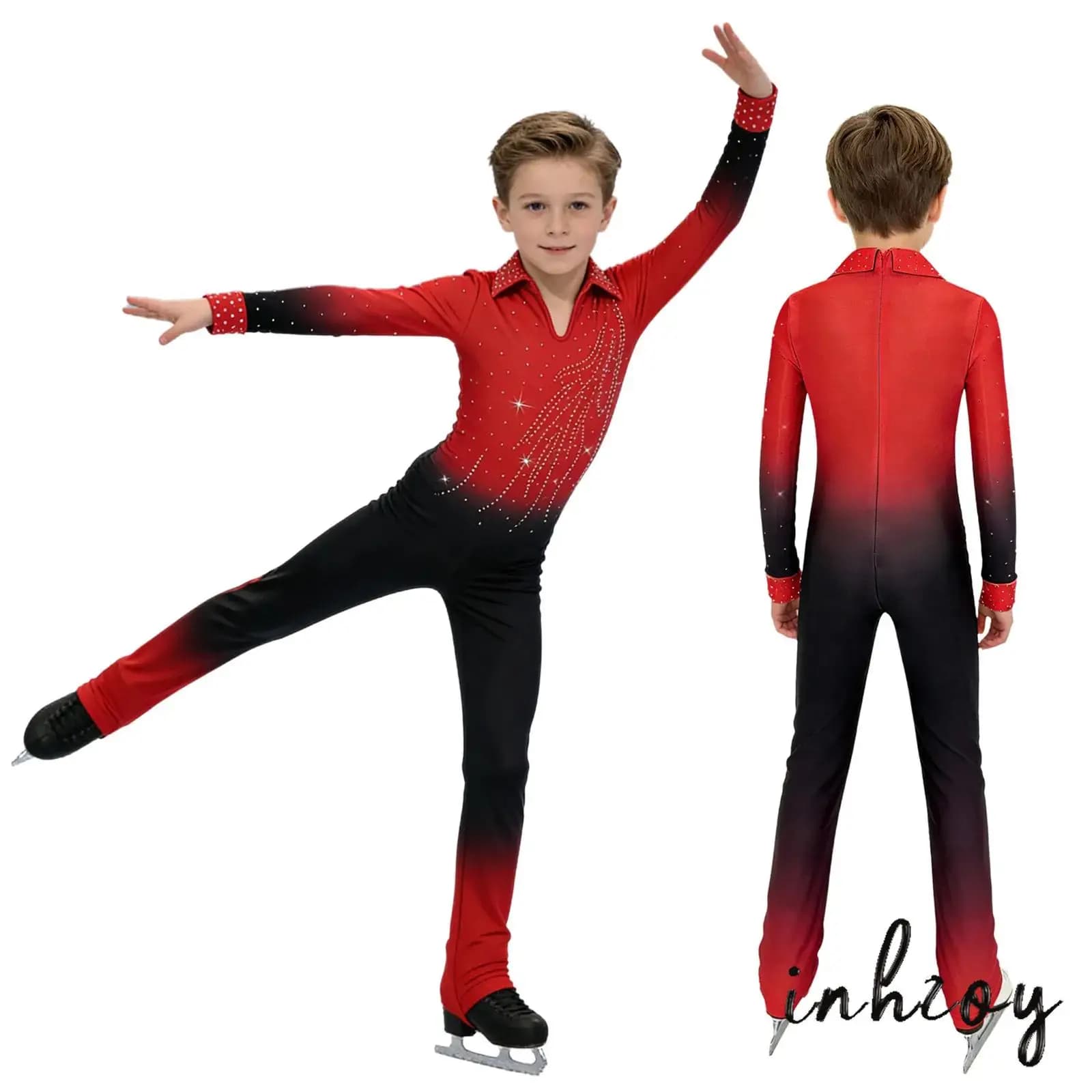 Costume da Pattinaggio su Ghiaccio per Bambini e Bambine, Tuta Intera con Strass Scintillanti, Maniche Lunghe e Pantaloni Lunghi, Colore Sfumato