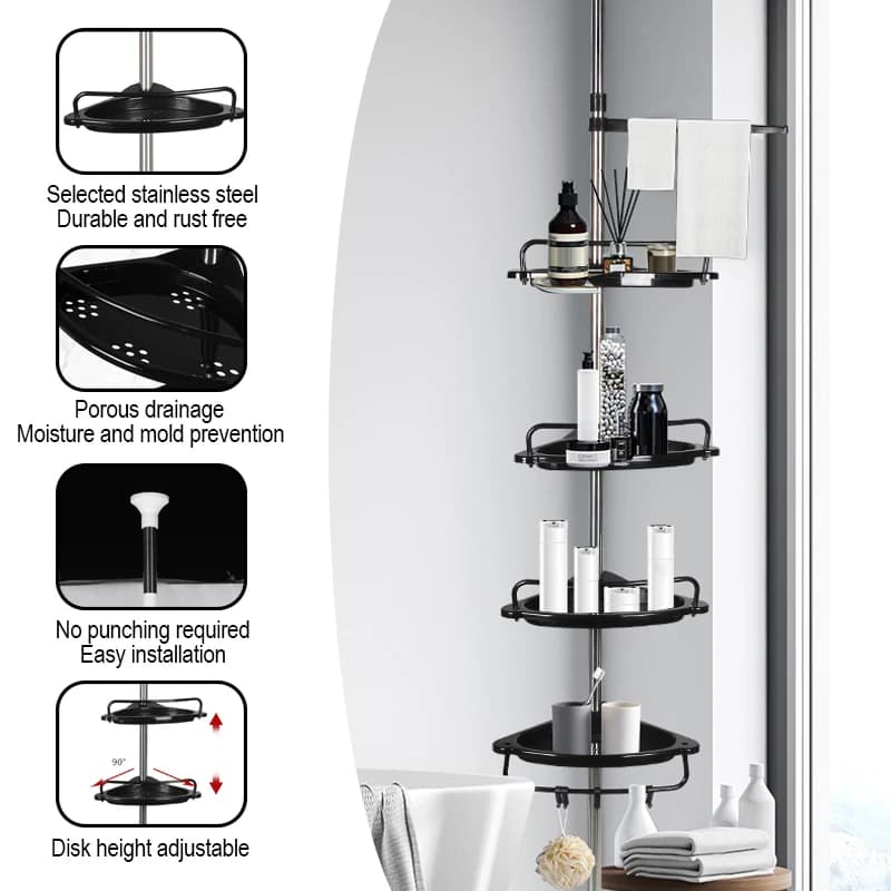 Adjustable Telescopic Shower Rack Stainless Steel Floor-to-Ceiling Bathroom Storage Rack, Rustproof & Space-Saving Organizer