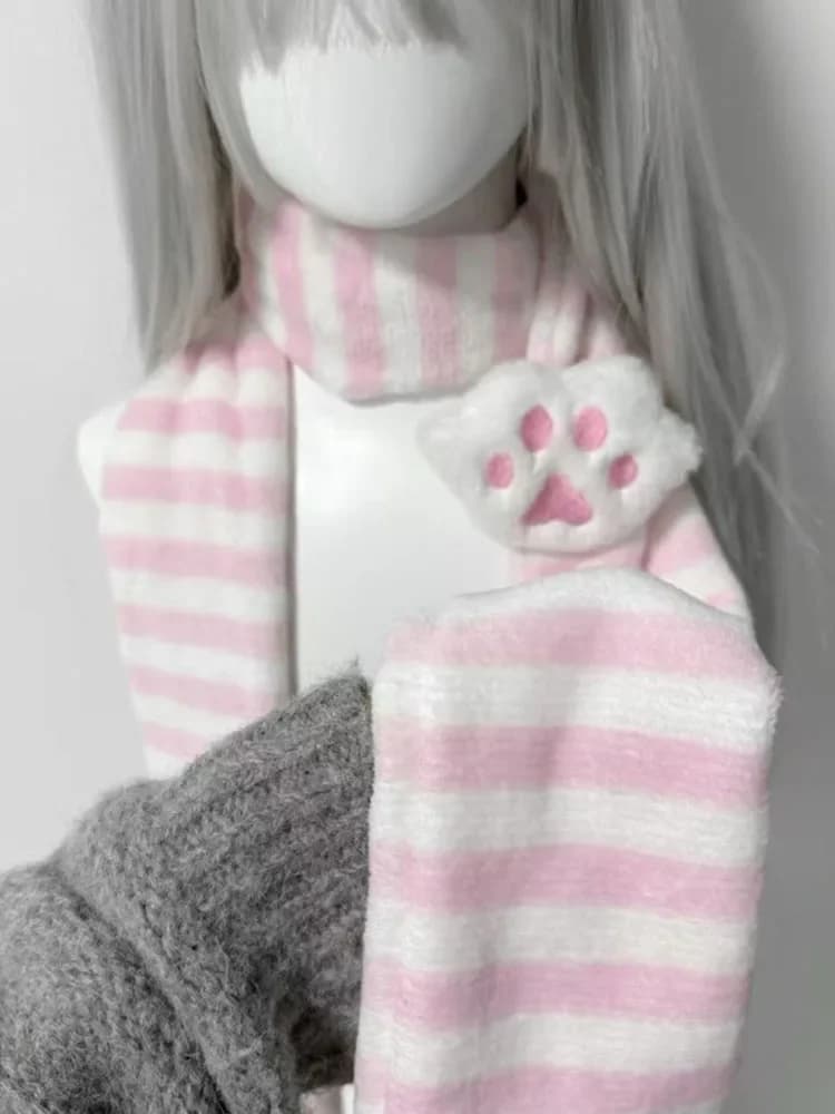 Sciarpa nuova carina rosa a righe alla moda per le donne Sciarpa da donna calda con zampa di gatto dolce giapponese a righe Accessori Y2k di lusso