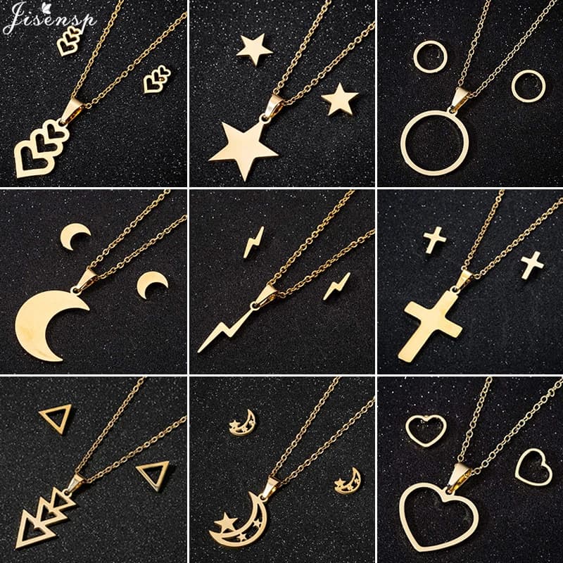 Simple Geometric Stainless Steel Jewelry Sets for Women Men Trendy Round Heart Moon Cross Pendant Necklace Birthday Party Gifts