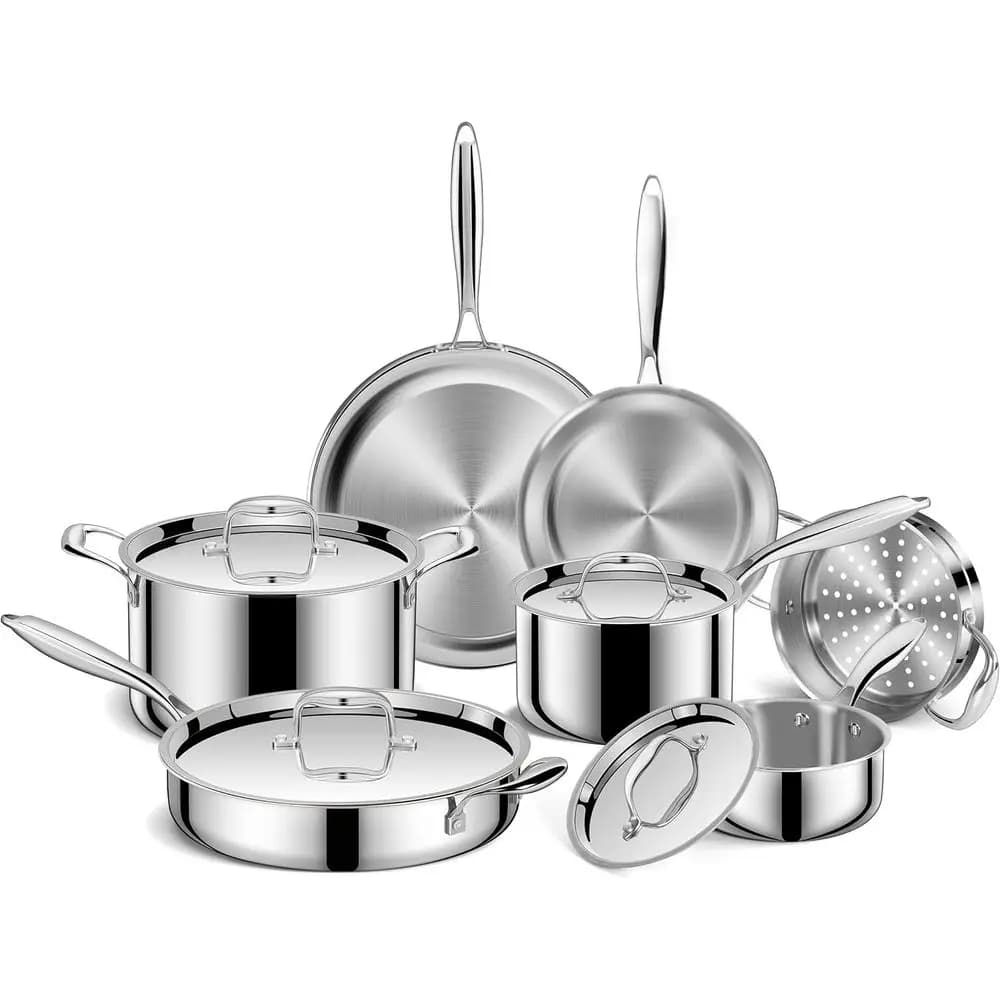 Set of 3 Layers Stainless Steel Pots: Suitable for Oven and Dishwasher, Compatible with Induction, Includes Padelle, Soffritto and Soup Pot