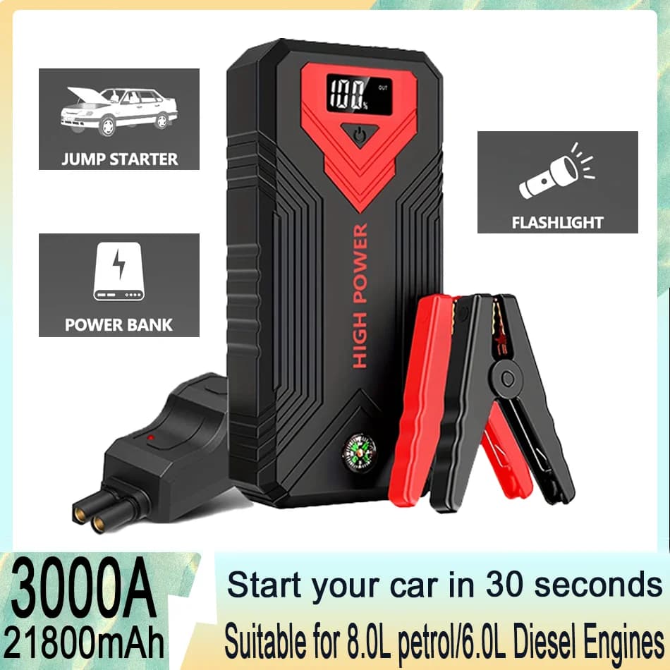 Alimentatore di emergenza per caricabatteria per avviamento di emergenza per auto 3000A per (8.0L Gas/6.0 Disel) con bussola torcia doppia USB con QC3.0