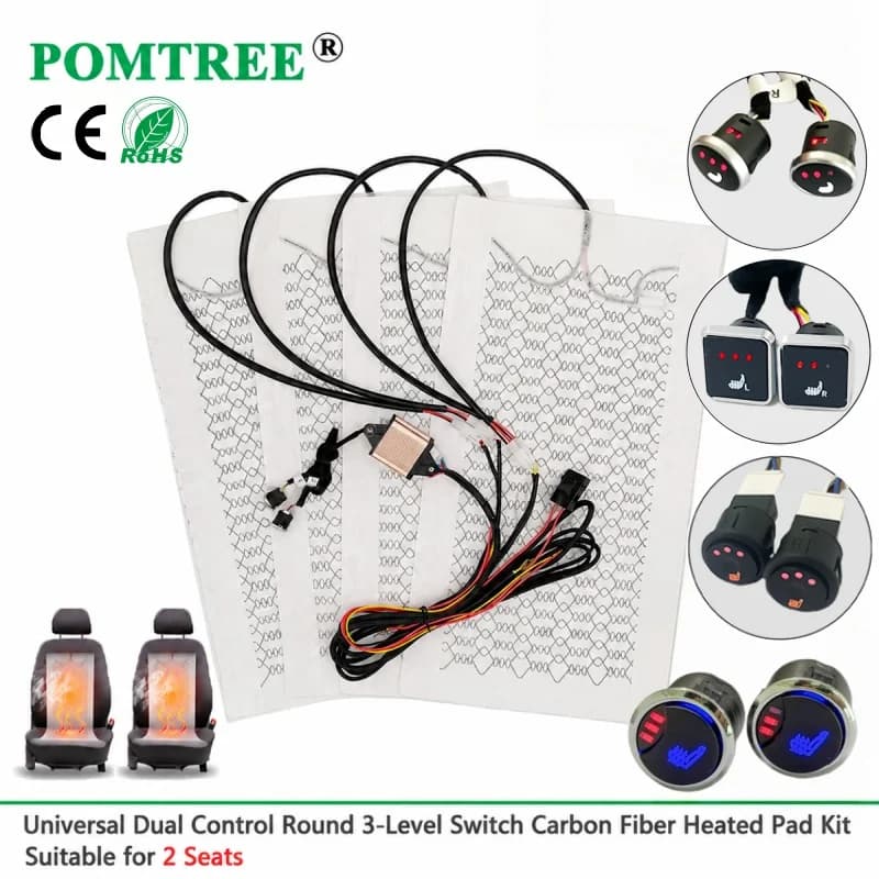 Universal Built-in Car Seat Heater Kit Fit 2 Seats,100W Carbon Fiber Heating Pads Multiple 3-Level Dual Control Switch to Choose