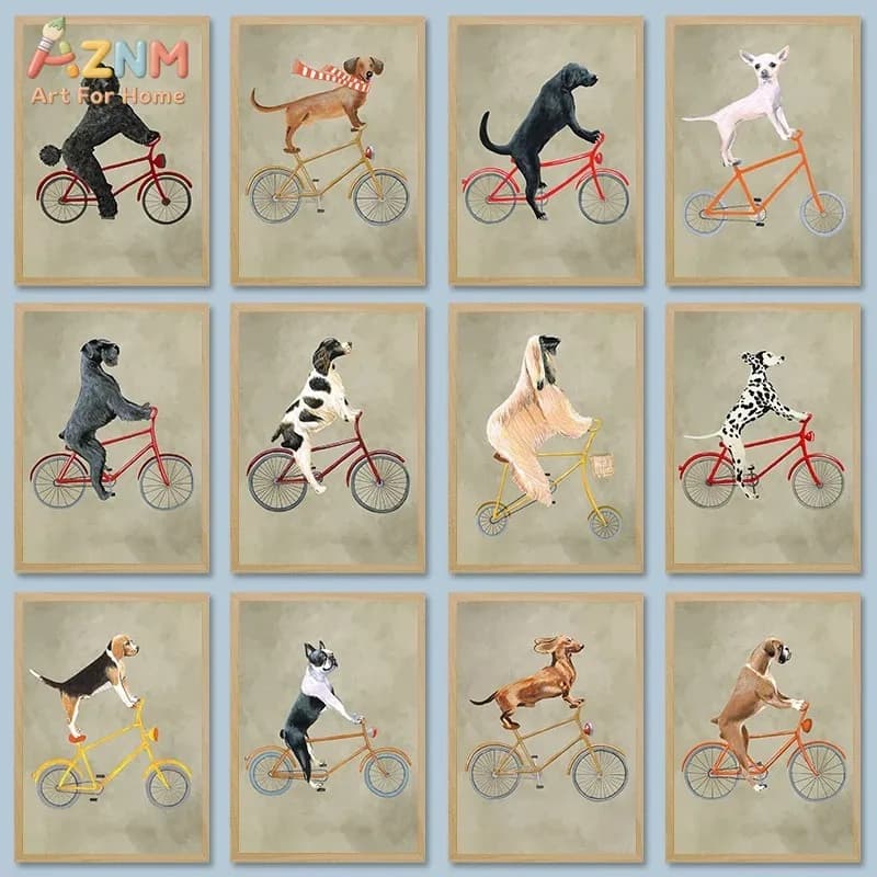 AZNM Funny Dogs Riding Bicycles Watercolor Canvas Wall Art Print Decor