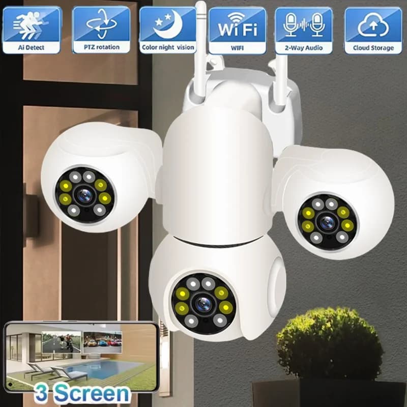 15MP HD IP Wifi To Tracking Alarm Security Two-way Audio CCTV Video Security Camera PTZ Three Screens Three Lens Color Night