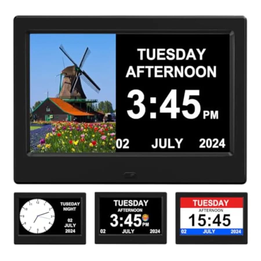 Sveglia Senza Adattatore di Alimentazione con Giorno e Data per Anziani, Orologio Calendario Digitale 7 Pollici con Cornice Portafoto - Display Auto-Oscurante 15 A