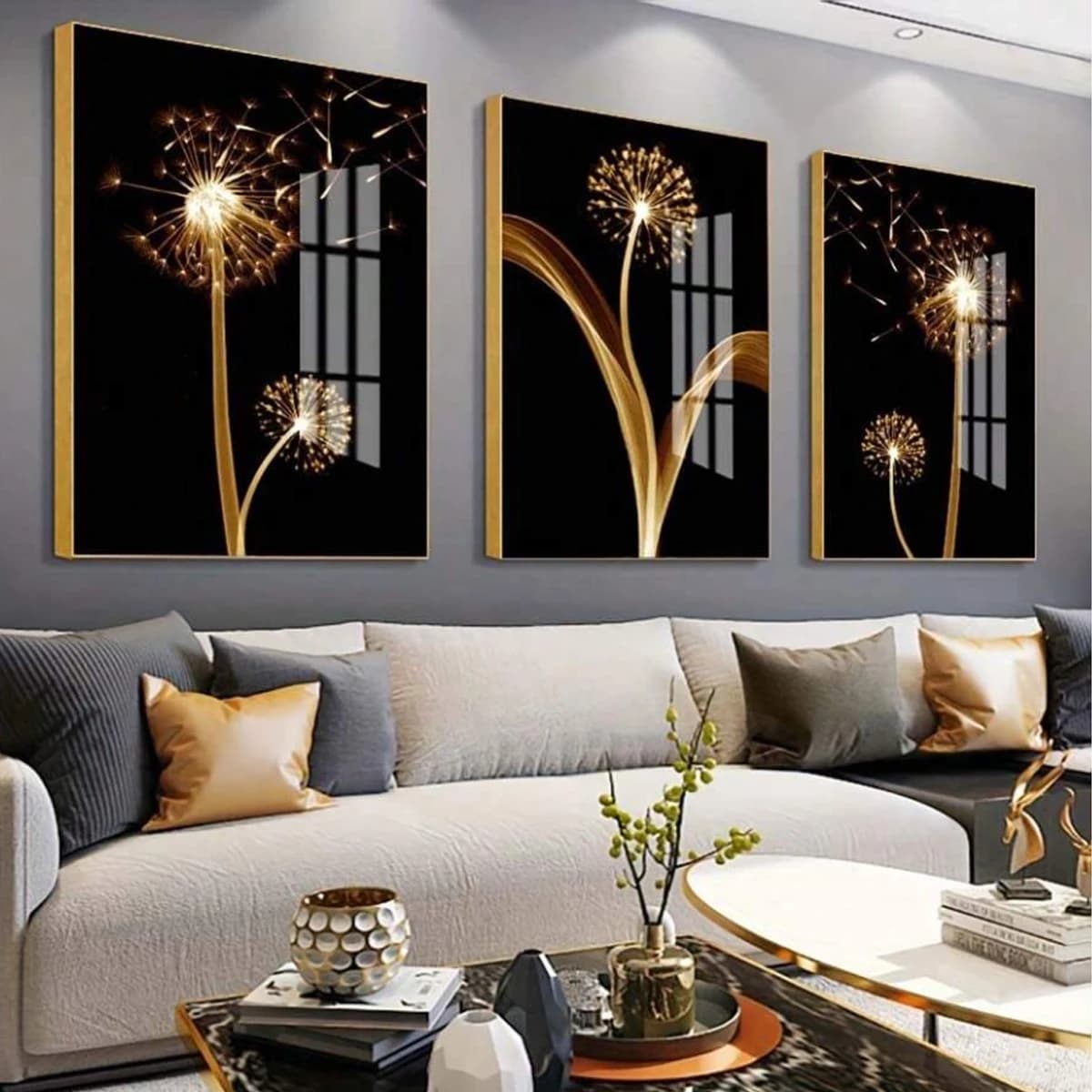 3 pezzi di tarassaco dorato astratto pittura su tela di lusso da parete, adatto per la decorazione della pittura del soggiorno, senza cornice, regali di poster