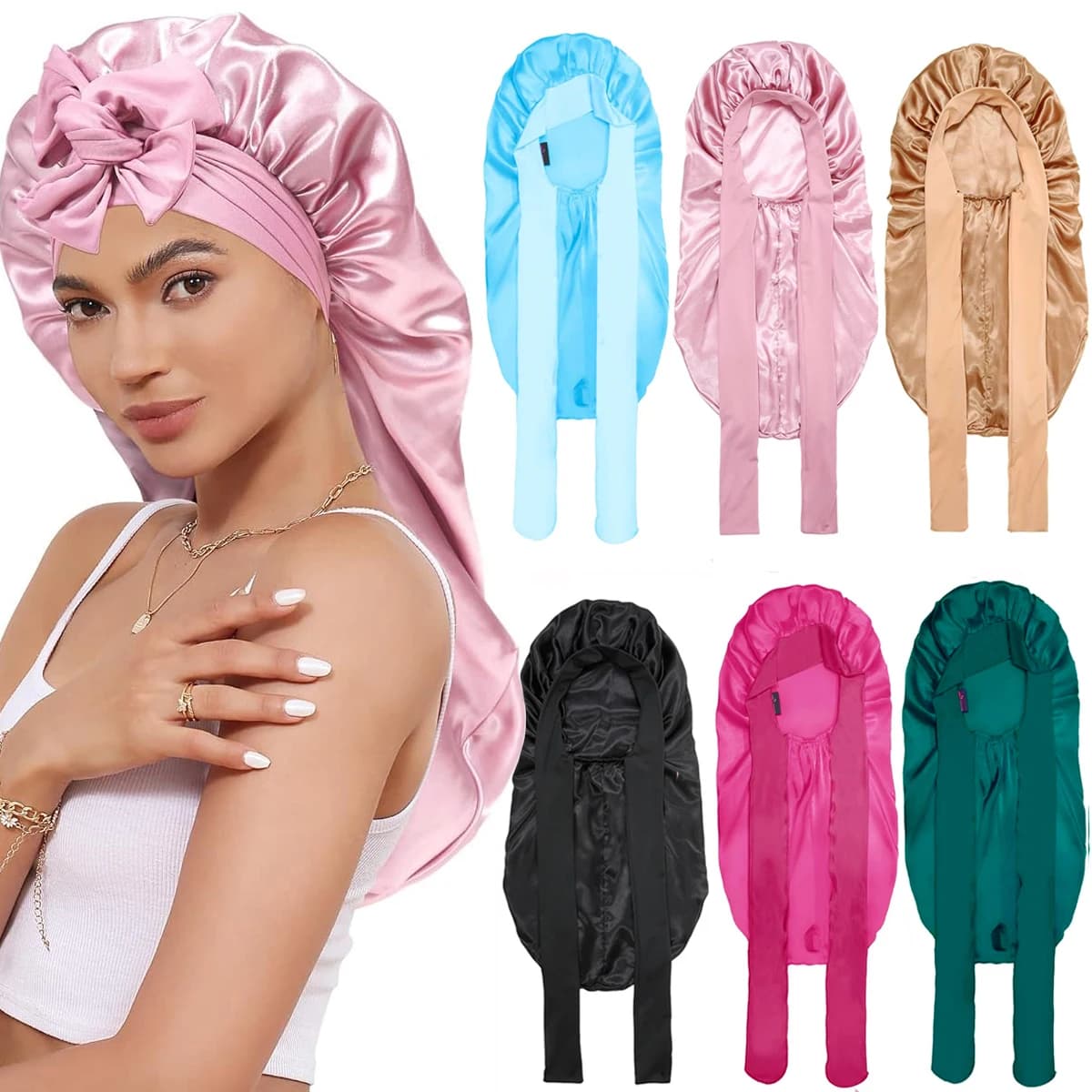 Cuffia in Seta Extra Large per Capelli Lunghi da Donna e Fascia Elastica in Raso per Capelli, Copricapo Comodo per Dormire e Doccia