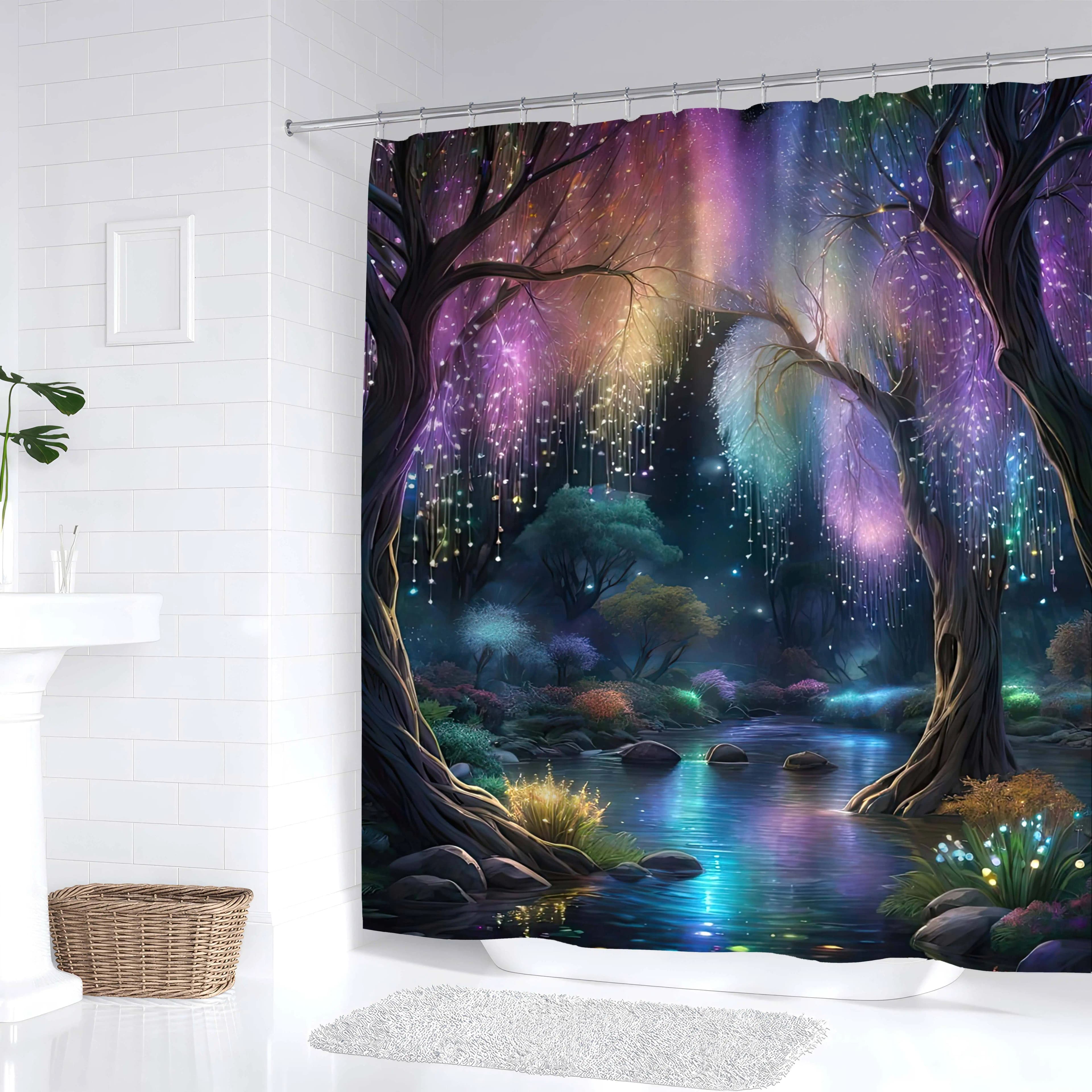 Tenda da doccia impermeabile con stampa foresta incantata per bagno, tenda divisoria per WC di fascia alta con design magico della scena notturna
