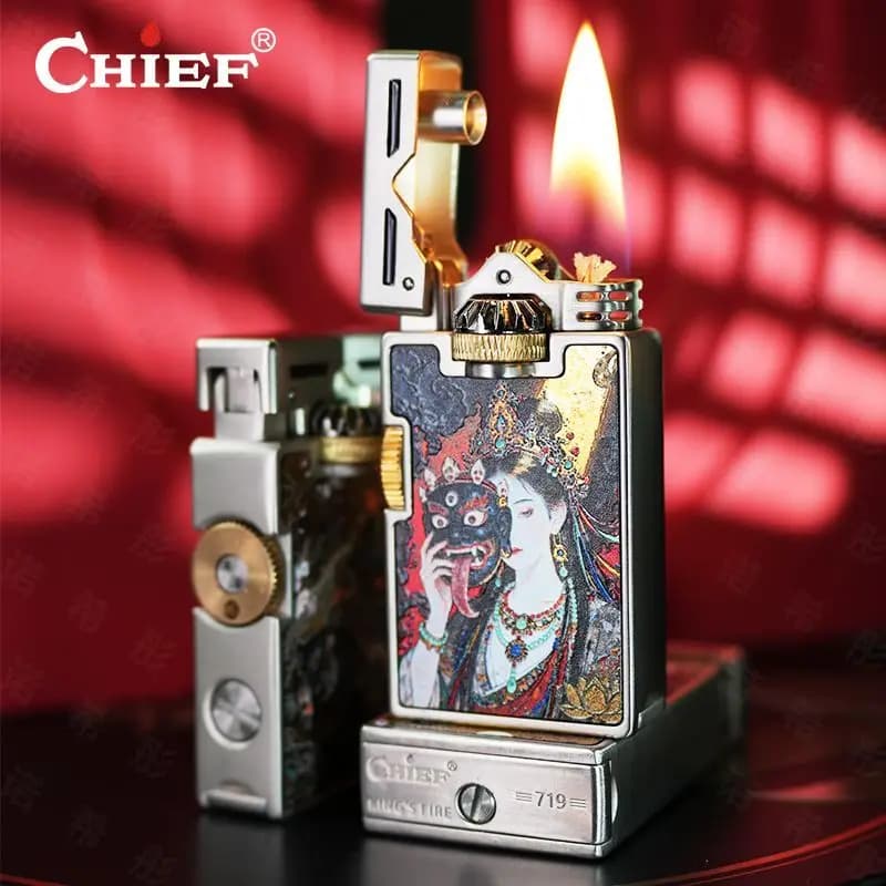 CHIEF Accendino a olio retrò Antivento Mola antiscivolo laterale Linee dipinte dorate Uomini di fascia alta