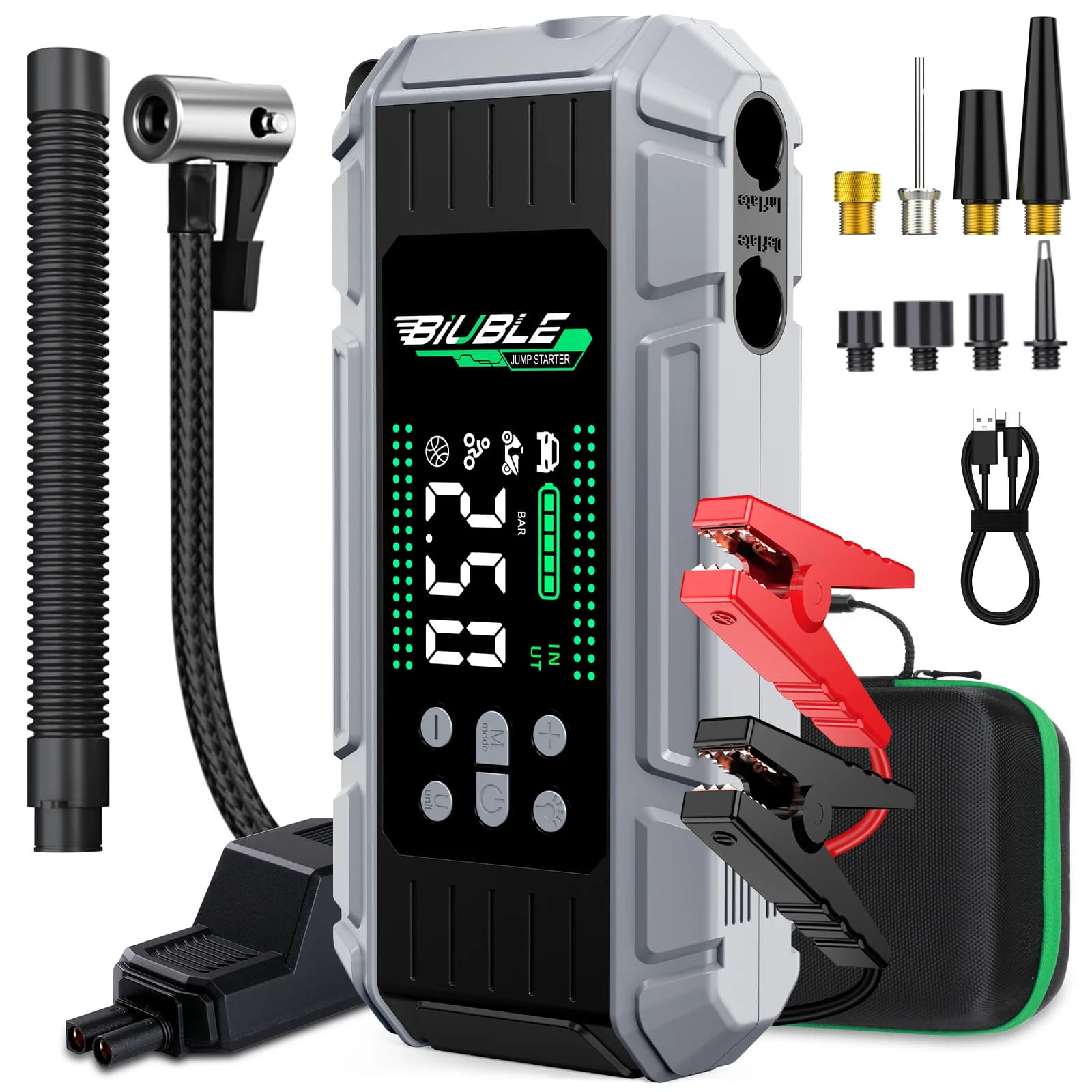 6-in-1 8000A Portable Emergency Jump Starter Features a 150PSI Air Compressor, a Barbecue Blower, and Can Also Charge Mobile Phones and Tablets.